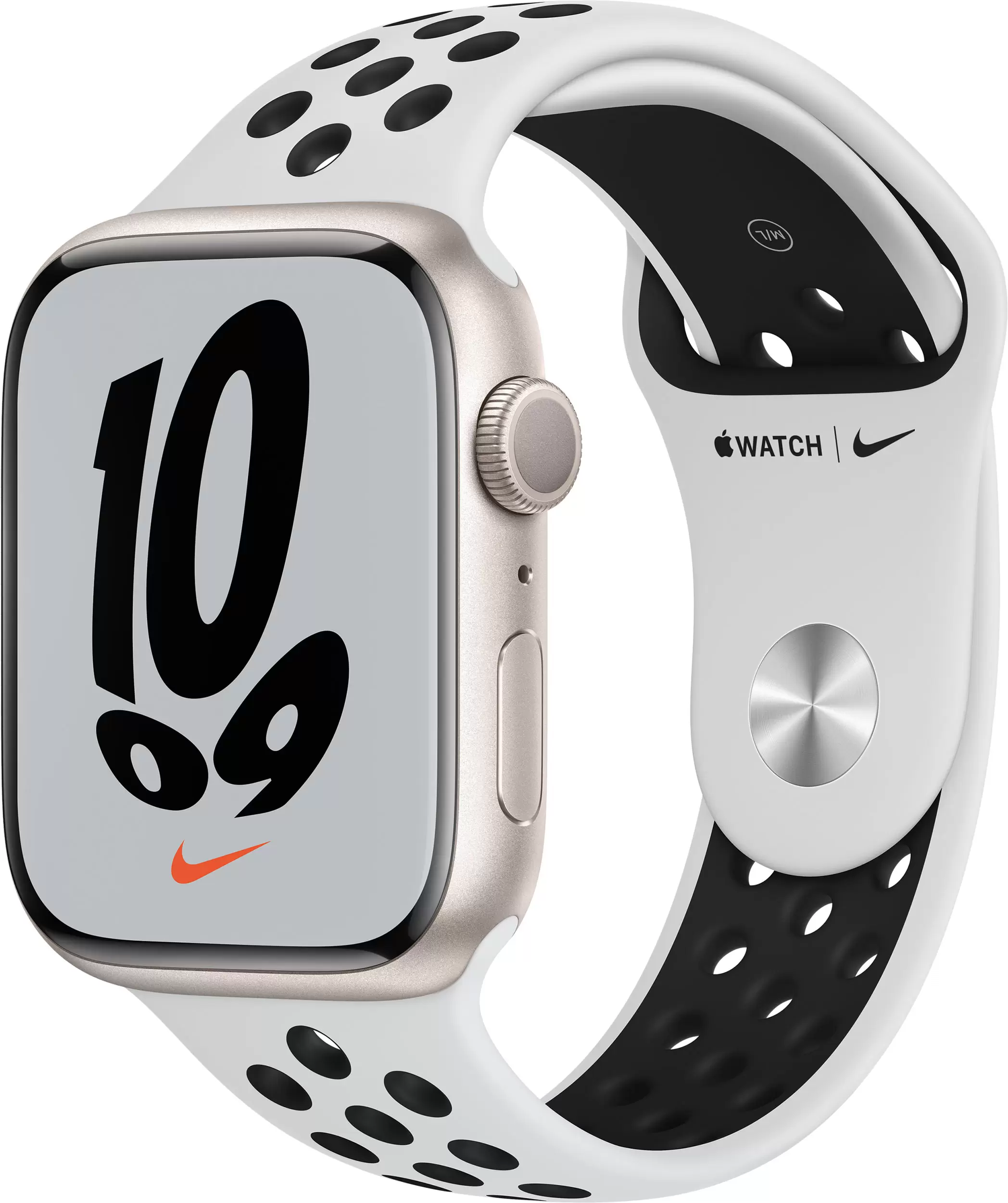 Apple Watch Nike Series 7, 41 мм, корпус из алюминия цвета (сияющая звезда), спортивный ремешок Nike цвета (чистая платина/чёрный) в Тюмени